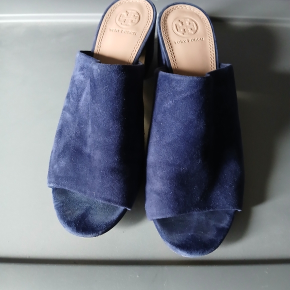 Tory Burch blue velvet block heel peep toe shoes size 7.5 - Picture 4 of 15